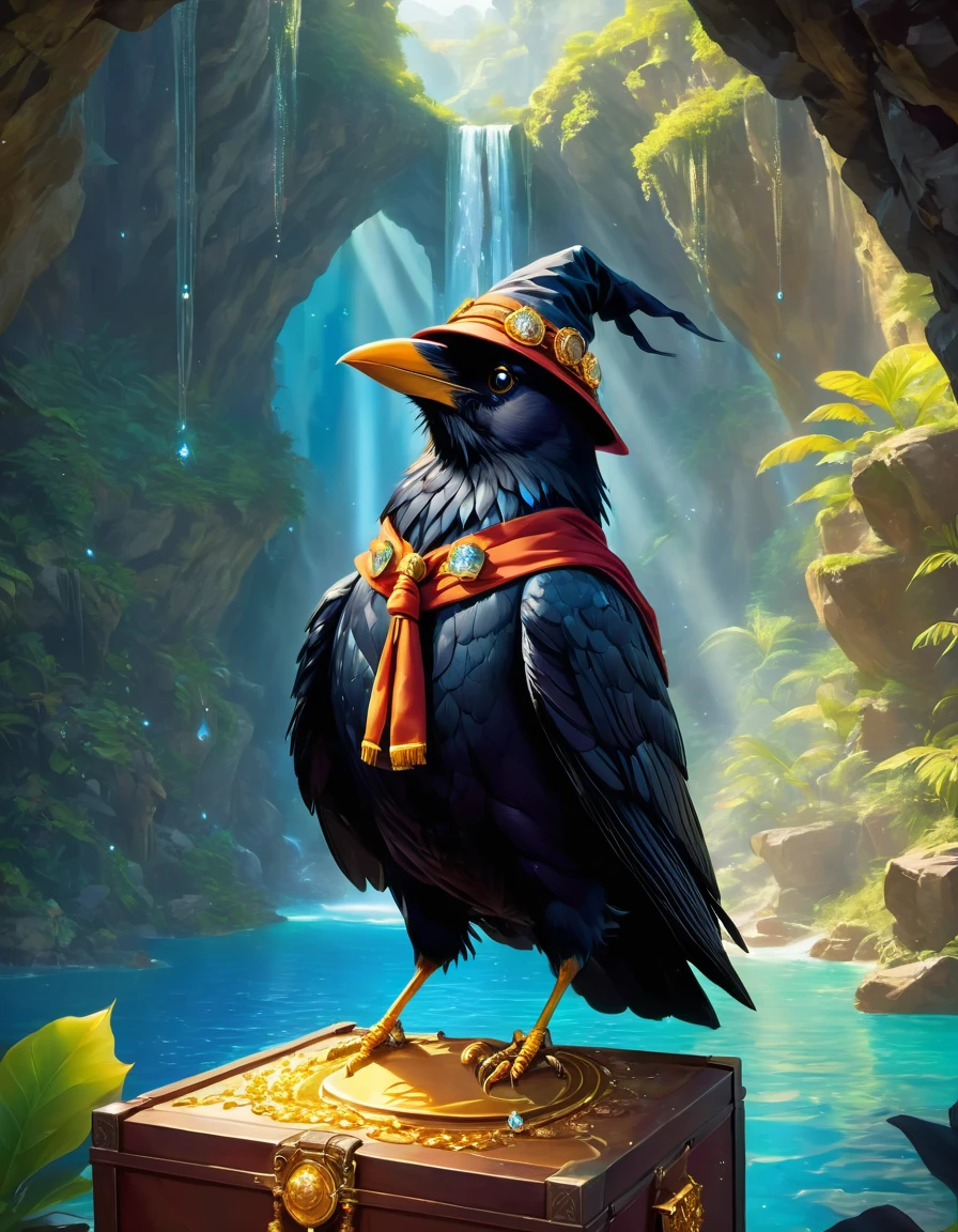When a cute crow walked into the dark cave，A faint ray of sunlight came in through the gap in the wizard&#39;s robe，Wear a special magician costume, Wear a pointed hat，Teach with a wand，Tie a bright silk scarf on it，Embroidered with a gold expedition badge，It symbolizes courage and adventure，The cave is filled with an ancient atmosphere，The walls are covered with sparkling crystals，Go deep into the cave, The crow discovered a hidden passage，The walls of the passage are inlaid with pearls of strange shapes，exudes softness，Cross the passage carefully，I could faintly hear the sound of running water.，Stunning underground waterfalls， Waterfalls cascade from towering rock walls，A pool of crystal clear water is formed，The swimming pool glows blue，There seems to be endless treasure hidden，Explore islands in the water made of pearls and gems， There is an exquisite treasure chest on the island，Set with sparkling diamonds，The crow opened the box carefully.，Found filled with glittering gems and gold coins，movie lighting, 第一人称perspective, perspective, panoramic, super wide angle, ultra high definition, anatomically correct, masterpiece, precise, Award-winning, best quality，Dressed Animal Pages