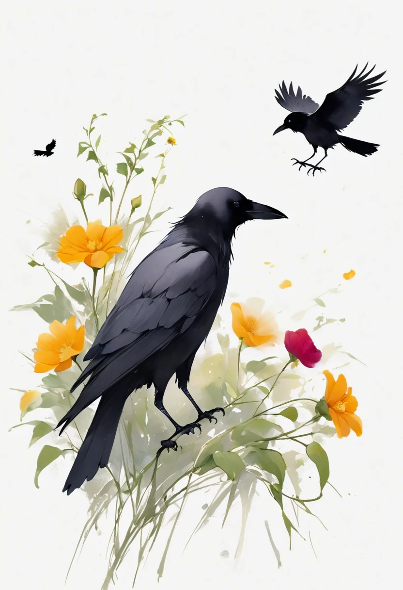 crow, White background, flower, simple, Minimalism, Regular Angle,