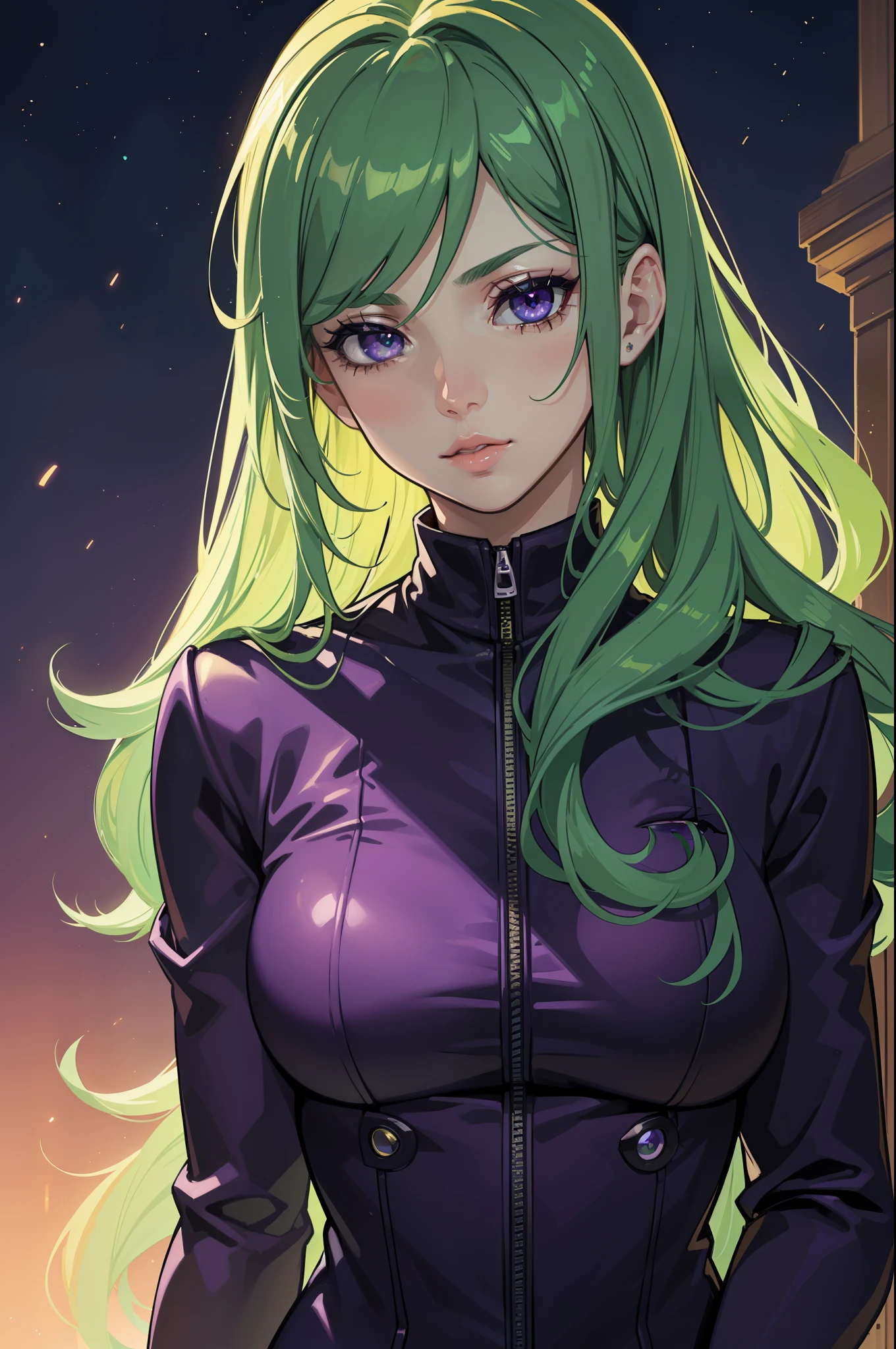 ((best quality,ultra-detailed,realistic)),HDR,UHD,studio lighting,1girl,professional,vivid colors,bokeh,portrait,green hair,light green hair,beautiful detailed purple eyes,very long hair,pale skin,curvaceous,concrete,shadow,dark atmosphere, black aviator outfit with purple led lights,pretty, delicate features, long lashes, big lips, beautiful, straight hair, long lashes, big lips, beautiful, straight hair, purple led lights, magic backgound, magical suit, ((aviator suit)), (((detailed face))), (((detailed eyes)))