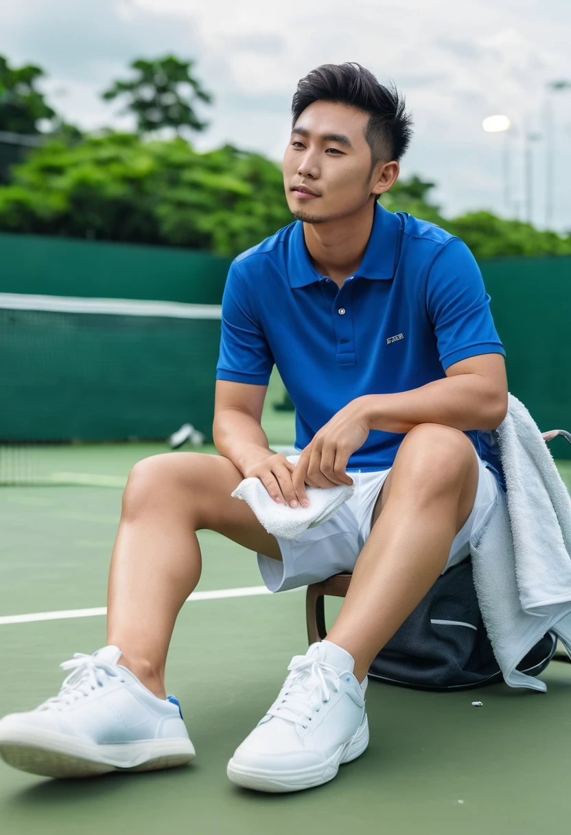 (a young 25-year-old Asian man),(blue polo shirt),(white tennis shoes),(resting on a chair on the grassy area of the tennis court after playing tennis),(holding a towel to wipe off sweat). (Tennis racket) is placed on the ground. (Soft lighting),(masterpiece:1.2),(best quality,4k,8k,high-res),(digital camera),(film grain),(Midjourney and Greg Rutkowski's Fujifilm XT3),(realistic art).