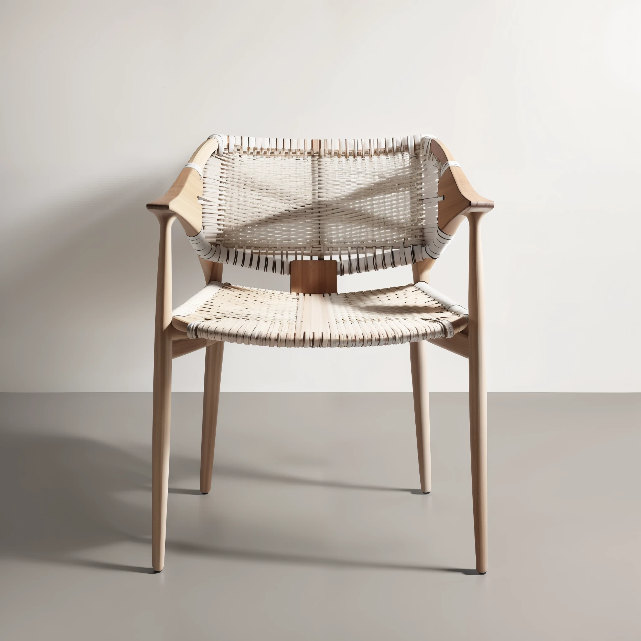 a white chair with a woven seat and wooden legs, wood chair, inspired by Fernando Gerassi, froggy chair, wood carved chair, chair, furniture concept photo!!, furniture design, inspired by Charles Roka, wicker chair, realistic rendering for stool, tied with chair, An incredible design that is complemented by its fine wood base and a backrest woven with polycord tape that will give that touch you were looking for to your space.