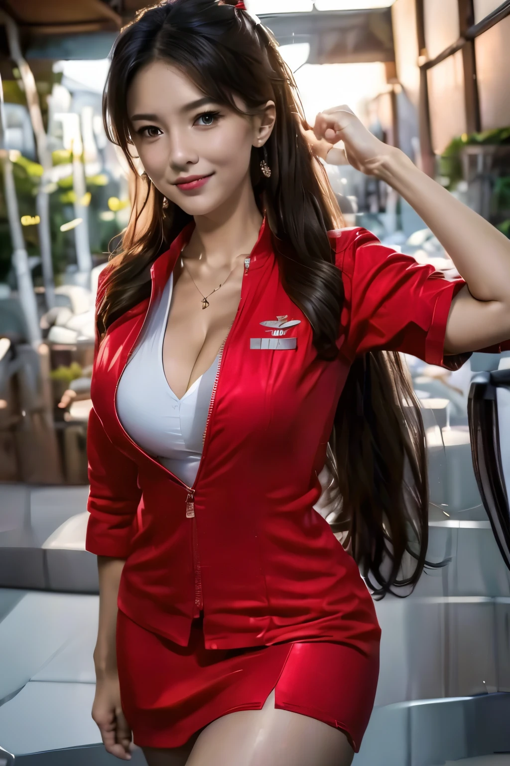 (masterpiece:1.2, highest quality:1.2), 32K HDR, High resolution, (alone, 1 girl), (Ultra-realistic portrait of an AirAsia stewardess in uniform), neat woman, beautiful face, dark brown hair, (long hair down to waist), (red jacket:1.1, Unzipped jacket, unbuttoned white shirt:1.05, red mini skirt:1.1, pantyhose), perfect slim body:1.1, big breasts, huge cleavage, (show cleavage), detailed skin texture, fine eyes, (smile:1.2), forward leaning posture:1.5、necklace、earrings、(white simple background, bright lighting),blue eyes、show your ears、Don't cover your ears with hair、long shot