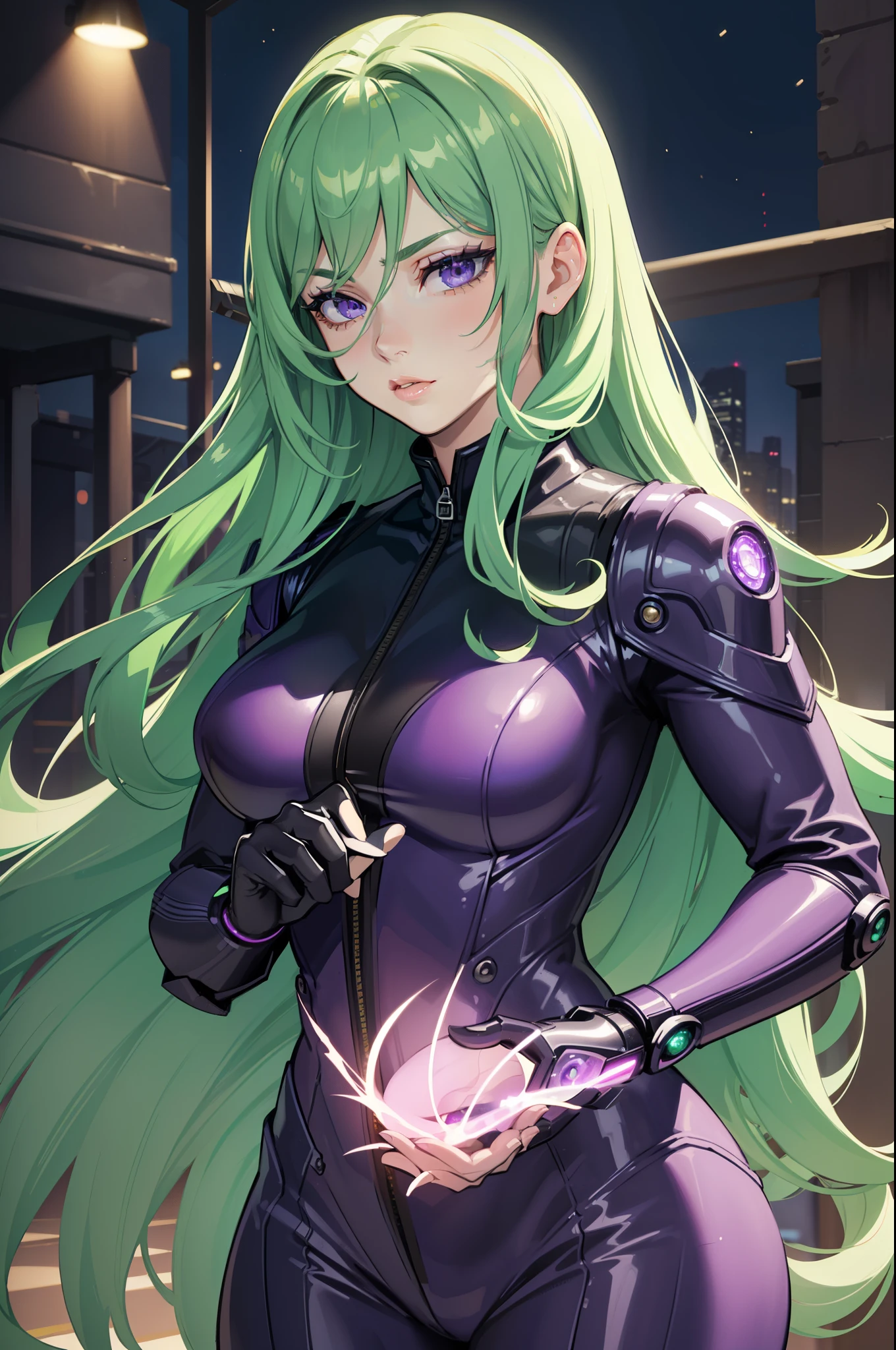((best quality,ultra-detailed,realistic)),HDR,UHD,studio lighting,1girl,professional,vivid colors,bokeh,portrait,green hair,light green hair,beautiful detailed purple eyes,very long hair,pale skin,curvaceous,concrete,shadow,dark atmosphere, black aviator outfit with purple led lights,pretty, delicate features, long lashes, big lips, beautiful, straight hair, long lashes, big lips, beautiful, straight hair, purple led lights, ((magic backgound)), magical suit, ((aviator suit)), (((detailed face))), (((detailed eyes)))