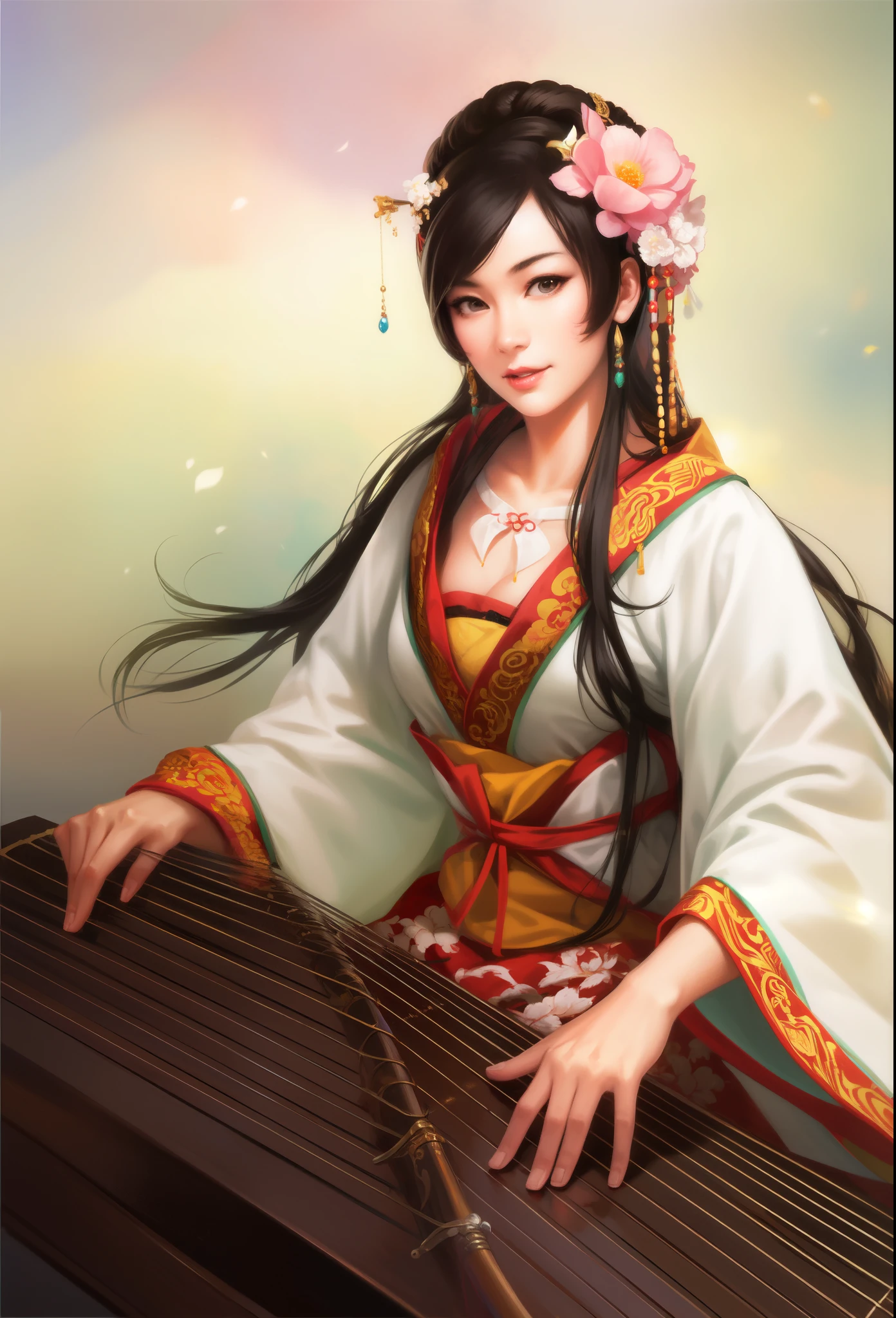 Arav women in kimono playing musical instruments, ancient chinese princess, palace , A girl wearing Hanfu, guweiz style artwork, Chinese beauty, beautiful fantasy queen, Chinese goddess, japanese goddess, by Qu Leilei, Inspired by Zhu Lian, guweiz, inspired by Wu Zuoren, traditional Chinese