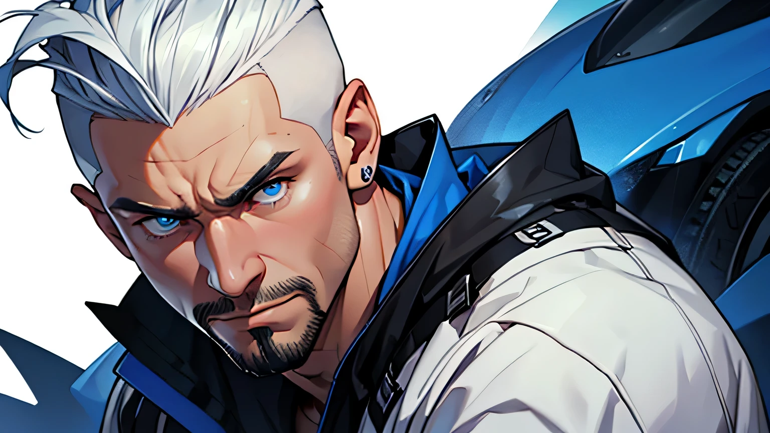 4k ultra high quality middle aged man with white styled hightop hairstyle shaved on the sides and back of head, slight goatee, stern expression, blue eyes, very muscular