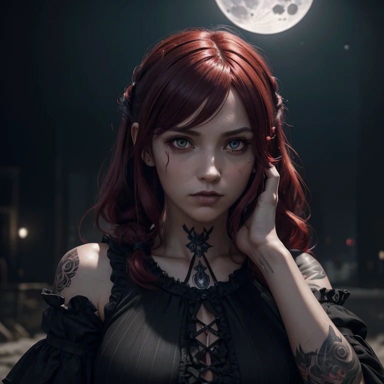 (Masterpiece, photorealistic, photorealism, best quality, ultra-detailed:1.3), (nice hands, perfect hands), official art, cinematic light, (1girl:1.3), adult, (dark:1.4), deep shadow, darkness, (moonlight:1.3), award winning photo, extremely detailed, amazing, fine detail, absurdres, highly detailed woman, extremely detailed eyes and face, piercing red eyes, detailed clothes, skinny, (gothic), twintails, bangs, frills, skirt,red hair, by lee jeffries, rich colors, hyper realistic, lifelike texture, dramatic, lighting, unrealengine, trending on artstation, (facial clarity:1.5), (tattoo:1.1)