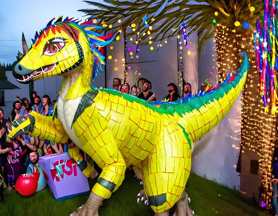 Ultra high resolution, best quality, masterpiece, (pinata transformation:1.4), mid transformation, (a terrified male college boy human deinonychus velociraptor piñata fursuit hybrid at adult birthday party:1.6), shrinking, (hanging suspended from roof above the backyard patio by a pinata chain pulley, strung up mid air:1.5), (wearing a deinonychus fursuit:1.75), (human feathered deinonychus piñata fursuit fusion partial hybridization:1.55), (the magic wire pulley morphs and shrinks you into a deinonychus piñata:1.6), ((amber:1.6) (rose:1.45) (burgundy:1.3) (celeste:1.2) (atomic tangerine:1.4):2), (part human:1.85), (real life, photorealistic:1.8), (partial feralization:1.7), (the zipper melds into your paper mache skin as you fuse with the fursuit and shrink and morph into a deinonychus pinata:1.65), (NSFW:1.8),