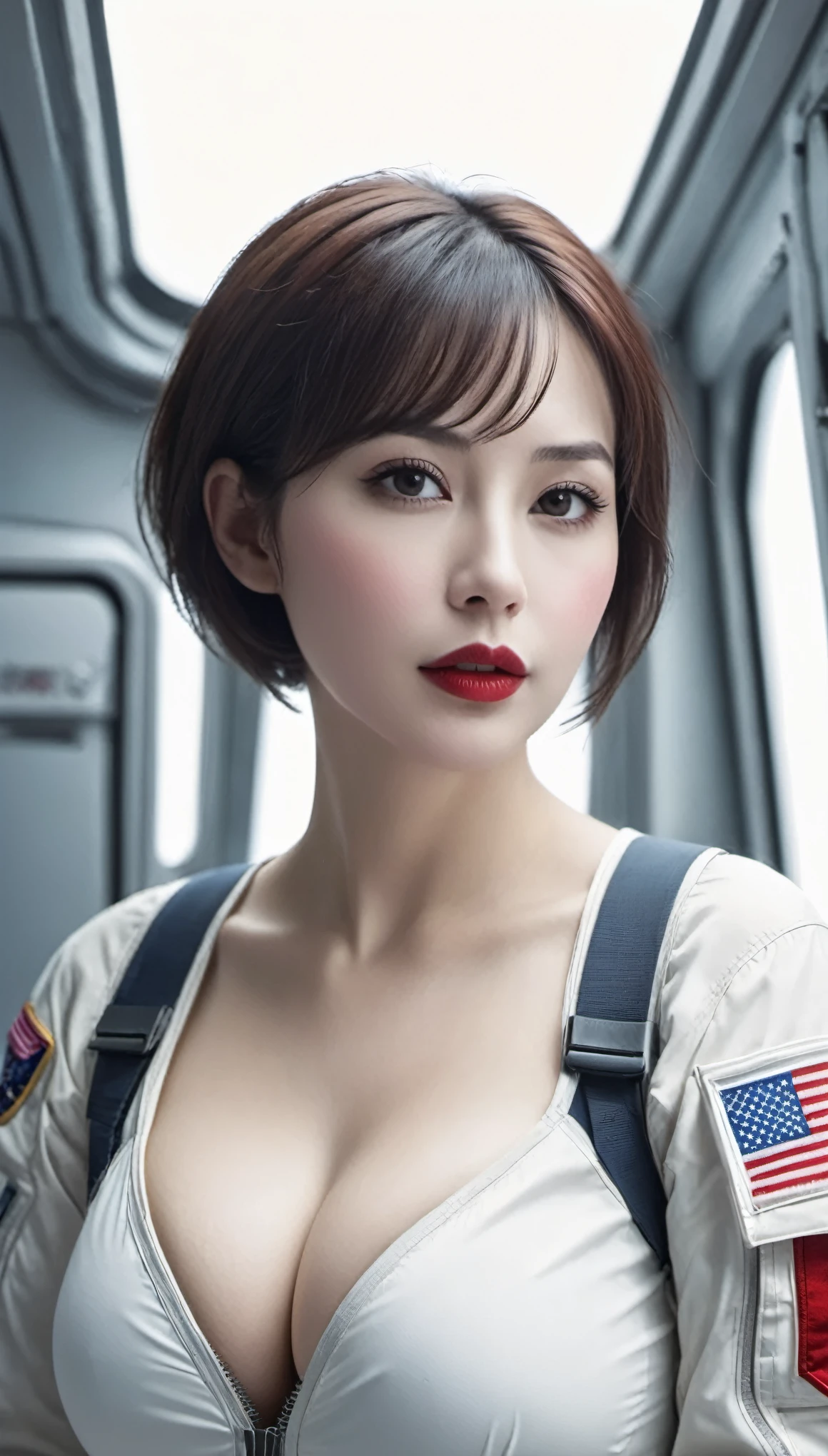 (((surreal woman)))、((very beautiful 30 year old white woman))、(((Big big cleavage)))、(((woman astronaut)))、(((Big big cleavage)))、
short hair、blonde mature、Chubby body type、beautiful expression、fine brown eyes、stay on a huge space station、red lips、(((Please put on your space suit)))、(((alone)))、