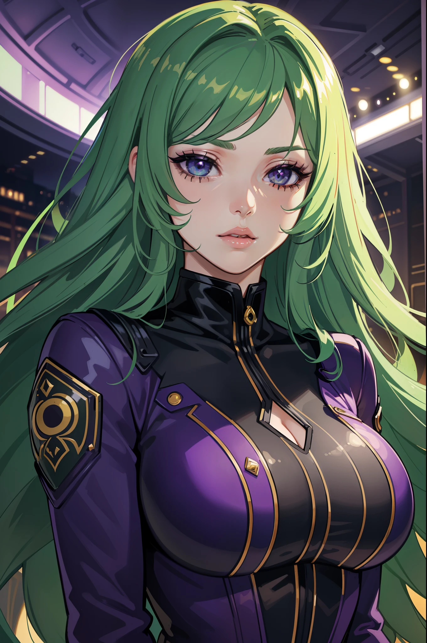 ((best quality,ultra-detailed,realistic)),HDR,UHD,studio lighting,1girl,professional,vivid colors,bokeh,portrait,green hair,light green hair,beautiful detailed purple eyes,very long hair,pale skin,curvaceous,concrete,shadow,dark atmosphere, black aviator outfit with purple led lights,pretty, delicate features, long lashes, big lips, beautiful, straight hair, long lashes, big lips, beautiful, straight hair, purple led lights, ((magic backgound)), magical suit, ((aviator suit)), (((detailed face))), (((detailed eyes)))