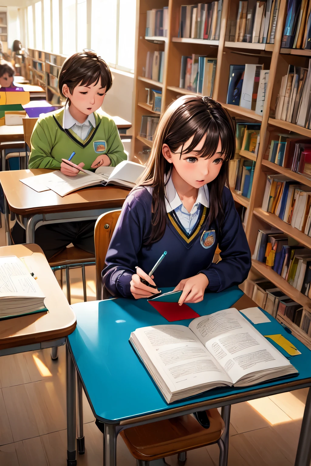 ((Mejor calidad)), ((obra maestra)), (detallado), una biblioteca grande donde hay un grupo de adolescentes estudiando en una mesa circular en el centro de la biblioteca