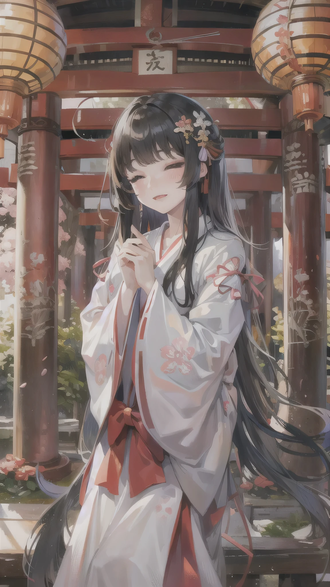 perfect anatomy, masterpiece:1.4, best quality, 8k, beautiful detailed grow, (frontale pov, from above, focus face) solo:1.2 ((blunt bangs)) (black hair long haircute girl, 15 yo, cute closed eyes), (love smile, make-up face), break, (in a Shrine maiden costume), in the Dazaifu Tenmangu Shrine.
