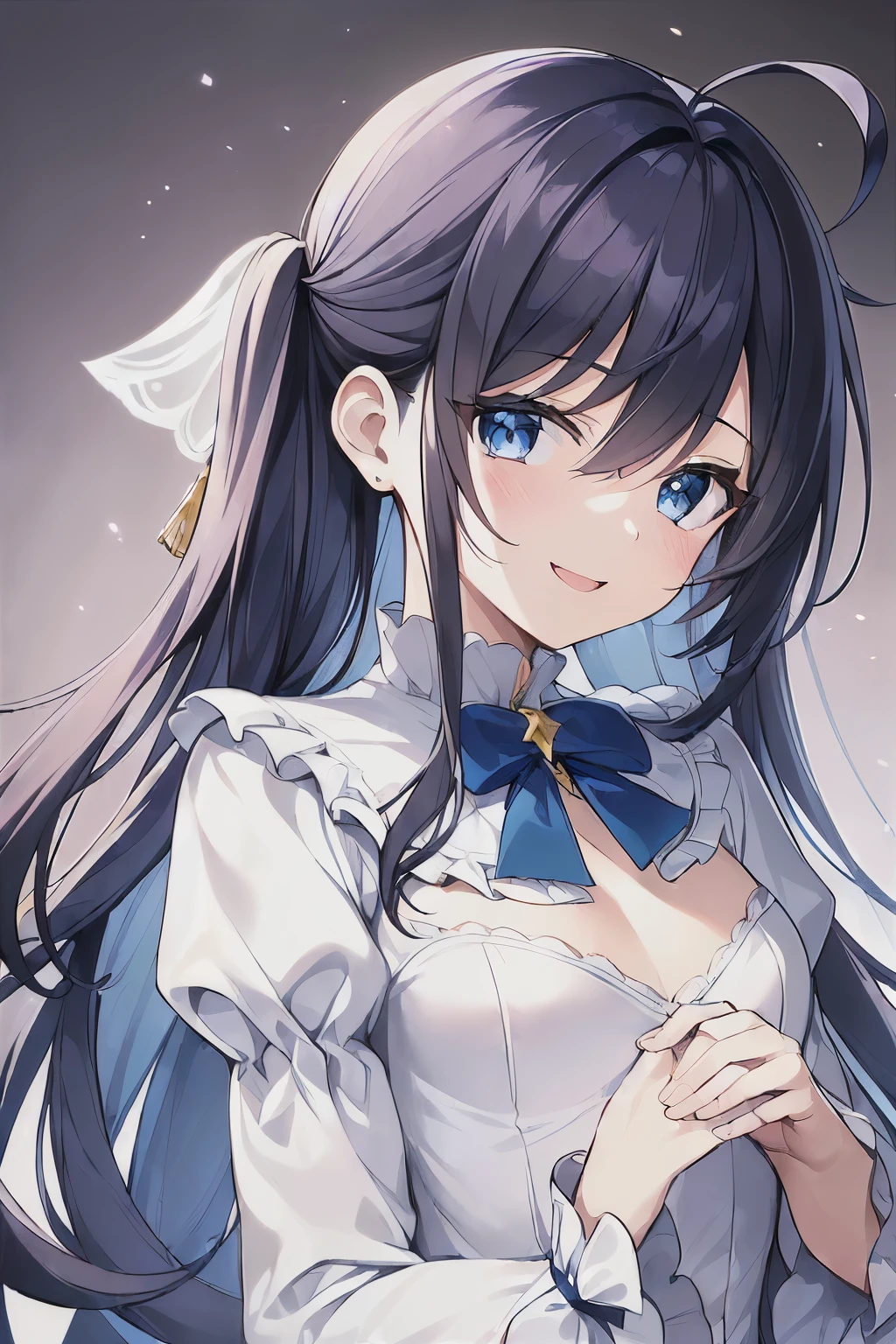 (((masterpiece))), (((highest quality))), (((ウルトラ - High resolution))), (((High resolution))), (((super technique illustration))), (dark blue hair), (from below:1.4), (1 girl), (girl:1.5), (child:1.4), (fold your hands in front of your chest:1.3), (very long dark blue sideburns), very cute, Moe anime style, (cowboy shot:1.2), (Extra Ultra Flat Chest:1.5), (very small breasts:1.5), (Extra Ultra Flat Chest:1.1), (very small breasts:1.2), (Dark blue straight long hair:1.3), (Simple hair clip:1.2), (Super long and thick sideburns of dark blue color:1.4), (laughter:1.3), (Dark blue ultra wide bangs:1.3), (Simple hair clip:1.2), (small blue eyes:1.2), (slightly droopy eyes:1.3), (Super thick sideburns and super long sideburns:1.1), (Super long and thick sideburns:1.1), (Extra Ultra Flat Chest:1.4), (very small breasts:1.4), (Ahoge:1.3), (very cuteポーズ:1.4), (cowboy shot:1.5), (laughing:1.4), (in the forest:1.3), (A beautiful white forest fairy costume with long sleeves:1.5), (frills and ribbons:1.4)