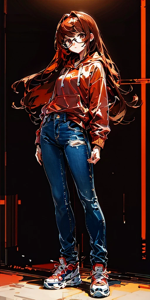 Masterpiece, Best Quality, 1girl, medium breast, long brown hair, orange red hair tips, swept bangs, brown eyes, beige hoodie, light blue jeans, light pink sneakers, glasses, full body