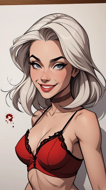 Personagem usando roupasestilo Cartoon Burlesque roupas de inferno Connelly omagem de desenho animado de uma mulher .cartoon style illustration, estilo de arte dos computadores roupas de vampira desenhos animados, estilo de arte dos desenhos animados, smile showing teeth dirty with criminal blood Digital illustration style, design de personagens altamente detalhado, arte digital detalhada fofa, City fan art, Design de personagens de retrato, beautiful digital illustration, retrato de alta qualidade, Arte em quadrinhos, mulher jovem. expression of sexual desire white background stained with criminal blood