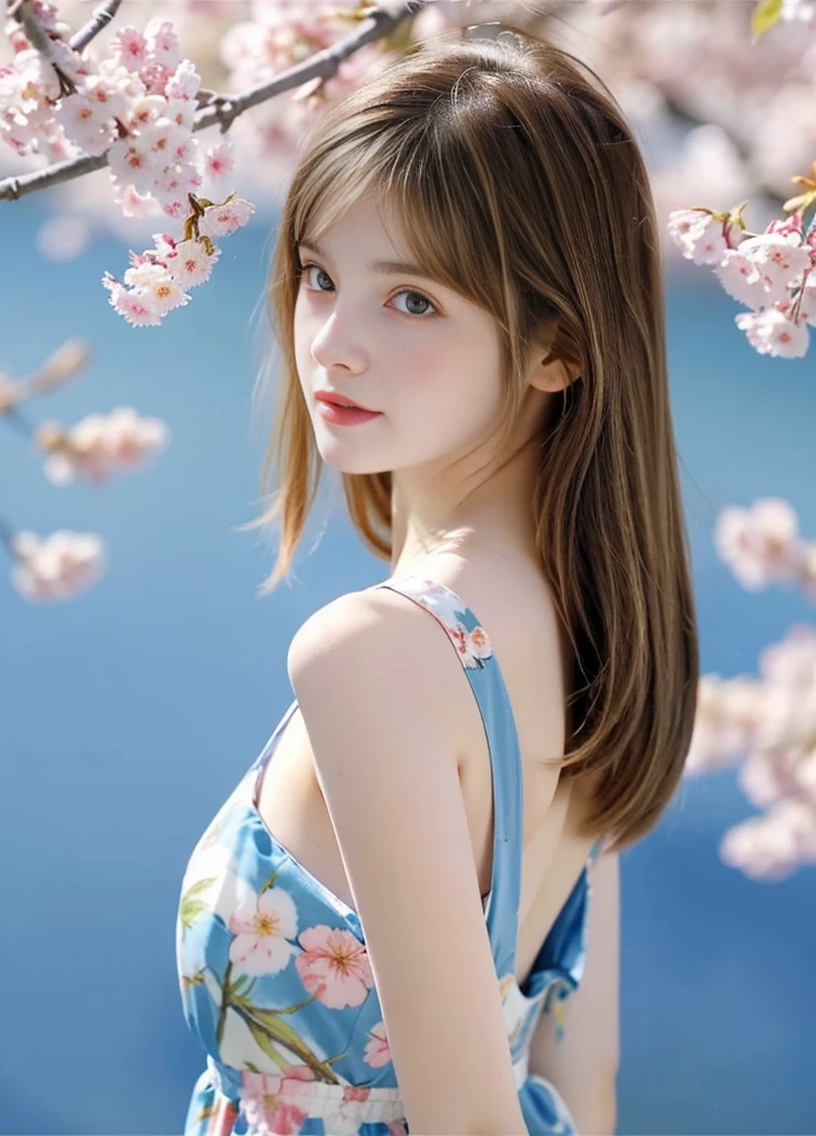 17 year old beautiful girl、Highest image quality、realistic、16K、beautiful woman、long hair、slim、bright blonde hair, blue eyes, Gold and white, cherry blossom leaves, Bright colors, pink dress, sea background, ray tracing, Butterfly Haircut、Rear view、turn around、Recurve your body、panoramic、whole body