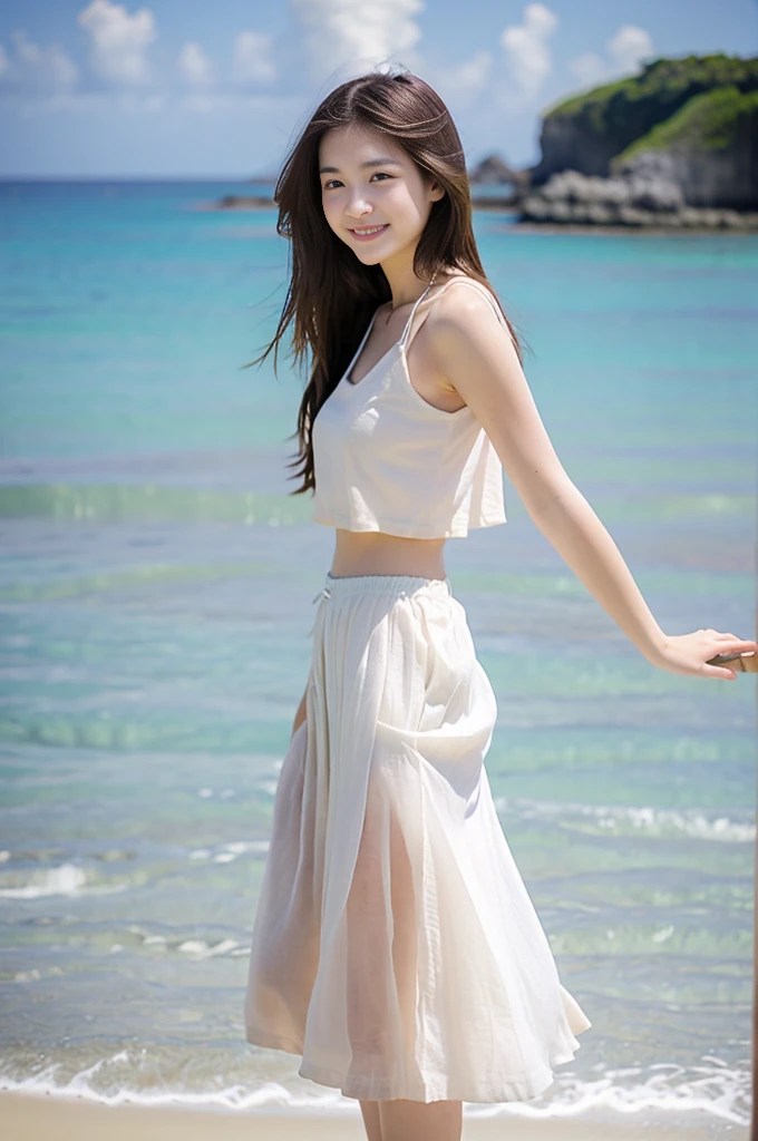 20 year old beautiful girl、best image quality、realistic、16k、Beautiful woman、super long hair、slim、ruffled white dress、ドレスのroll up your skirt、beach、Okinawa Sea、enter the sea、standing pose、roll up your skirt、panorama、whole body、Taken from a distance、smile