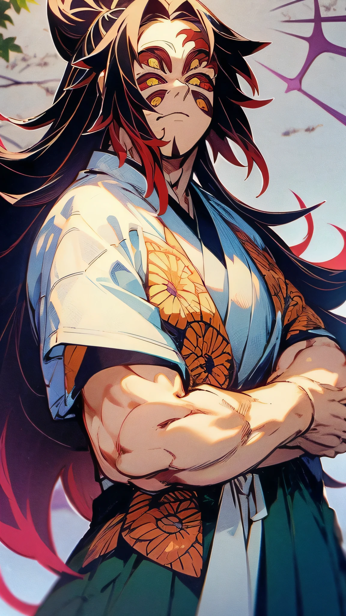 Anime uncle with a slightly chubby body and strong muscles, sporting a well-groomed beard and hopeful, bright blue eyes. His mature and steady demeanor radiates sophistication. Dressed in a white short-sleeve shirt, he is depicted as an Onmyoji, a Japanese mystic, with a masterpiece of a two-dimensional anime character art. The extremely detailed background showcases a beautiful pavilion, adorned with intricate designs and lush greenery, making it an ideal 8k wallpaper. The artist's focus on the uncle's extremely detailed face captures every contour and line, resulting in a humongous, lifelike