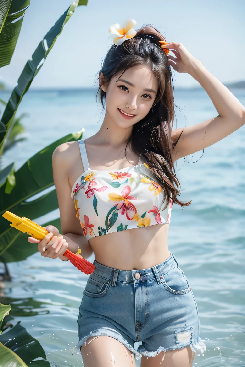 beautiful girl, Wear a Hawaiian flower crop top., short jeans skirt, holding a toy water gun, There are frangipani flowers in the hair., splashing water, Wet clothes, smile, stand, half body