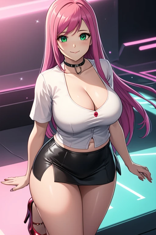 Attractive woman, long pink hair, gorgeous, gamer girl, ((in one size too small tight tank top)), strapless bra, ((very heavy eye makeup, pink mascara)), ((fake detailed lips)), ((Pink wavy hair)), ((Stylish hairstyle)) , (({Enormous|Gigantic|Big|Huge|Mega|Fake} pushed-up breasts)), (Slim waist, cleavage, western, skirt and top, hot girl, sitting down, gamer, studio, (masterpiece), best quality, high resolution, extremely detailed, blurred background, depth of field, cinematic lighting,
