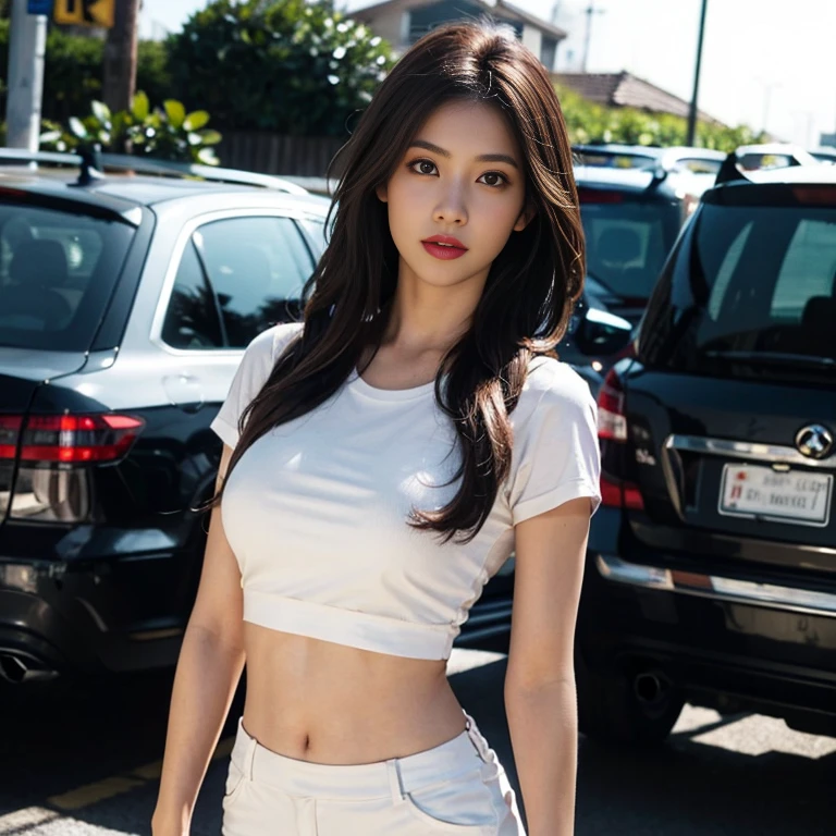 ((Realistic lighting、top-quality、8K、Master masterpiece:1.3))、Clear focus:1.2、a 1 girl、Perfect Body Beauty:1.4、Slim abs:1.1、full body Esbian、((dark brown hair、large full breasts:1.3))、(Acceleration:1.4)、View of Waikiki Beach、Palm Tree、Slender face、Fine eyes、double eyelid、Fashion Model Pose、Floating hair、tshirts、Pendants、