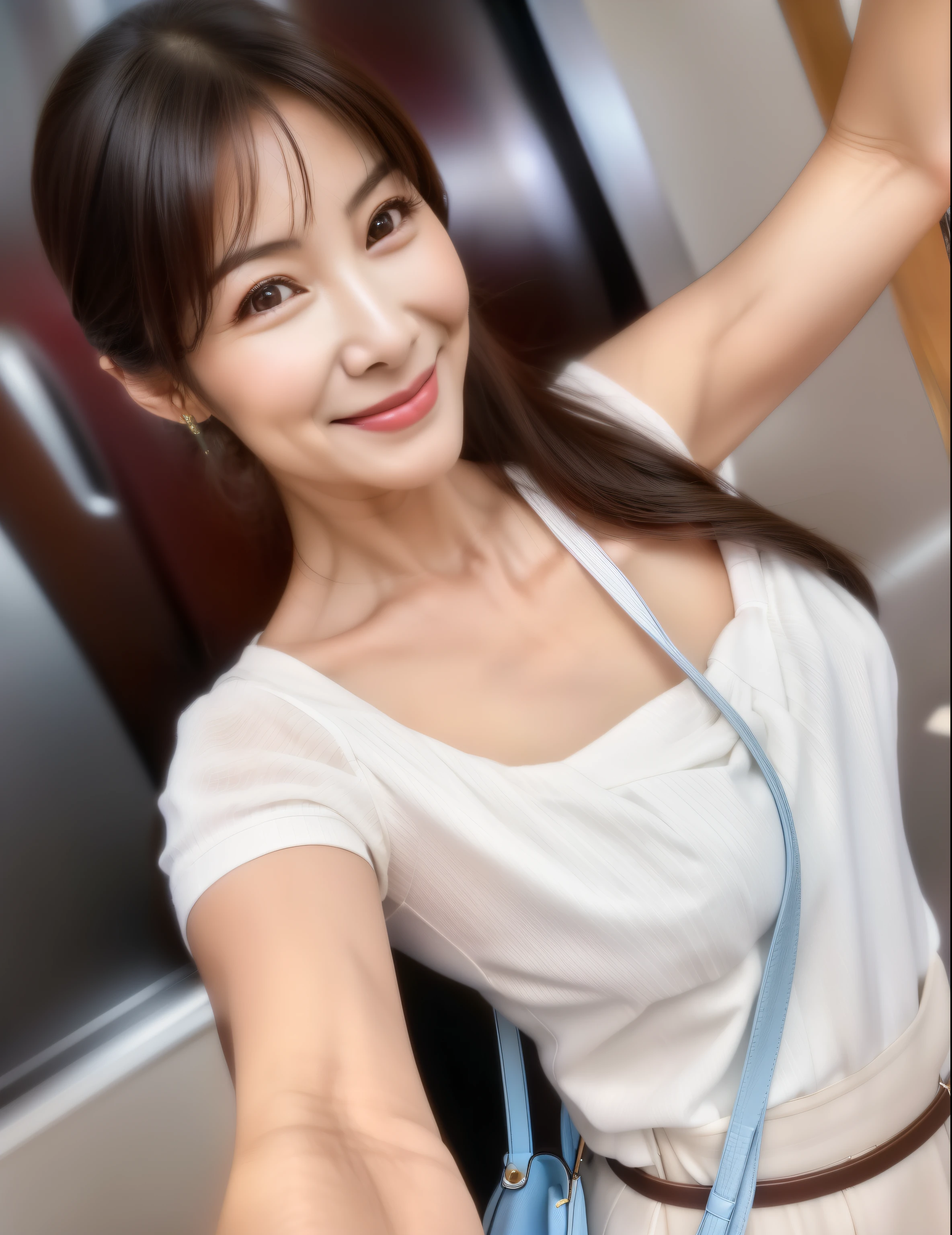 Asian woman in her fifties wearing a white shirt and carrying a blue handbag, 8K selfie photo, gorgeous chinese model, Yoshitomo Nara, gorgeous young korean woman, Cute girl - well-groomed face, friendly and seductive smile, Photographed with Canon EOS R6, beautiful korean woman, smooth white tight clothing suit, korean girl, beautiful young korean woman