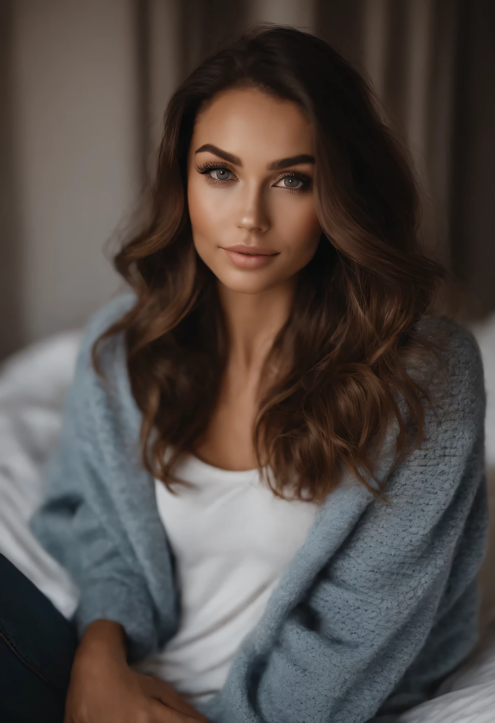 Femme arafed avec pull et jean assortis, jolie fille aux yeux marron Portrait Sophie Mudd, cheveux bruns et grands yeux brun, Selfie of a young woman, Yeux de chambre, Violet Myers, sans maquillage, maquillage naturel, Regarder directement la caméra, Visage avec Artgram, Maquillage subtil, Superbe photo du corps entier, dans la chambre, clivage
