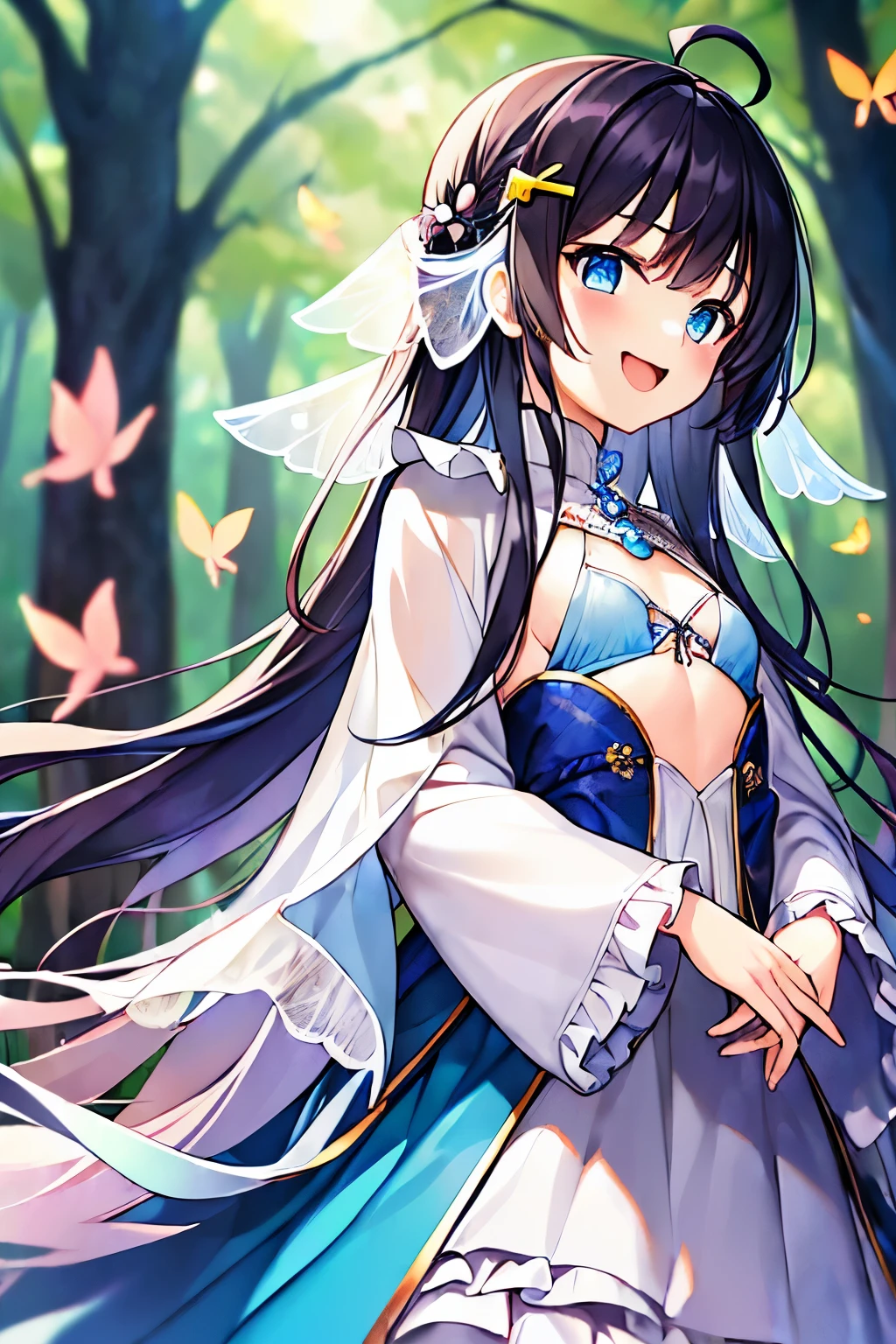 (((masterpiece))), (((highest quality))), (((ウルトラ - High resolution))), (((High resolution))), (((super technique illustration))), (dark blue hair), (from below:1.4), (1 girl), (girl:1.5), (child:1.4), (fold your hands in front of your chest:1.3), (very long dark blue sideburns), very cute, Moe anime style, (cowboy shot:1.2), (Extra Ultra Flat Chest:1.5), (very small breasts:1.5), (Extra Ultra Flat Chest:1.1), (very small breasts:1.2), (Dark blue straight long hair:1.3), (Simple hair clip:1.2), (Super long and thick sideburns of dark blue color:1.4), (laughter:1.3), (Dark blue ultra wide bangs:1.3), (Simple hair clip:1.2), (small blue eyes:1.2), (slightly droopy eyes:1.3), (Super thick sideburns and super long sideburns:1.1), (Super long and thick sideburns:1.1), (Extra Ultra Flat Chest:1.4), (very small breasts:1.4), (Ahoge:1.3), (very cuteポーズ:1.4), (cowboy shot:1.5), (laughing:1.4), (in the forest:1.3), (A beautiful white forest fairy costume with long sleeves:1.5), (frills and ribbons:1.4), (colorful butterflies on the back々Feather:1.4)