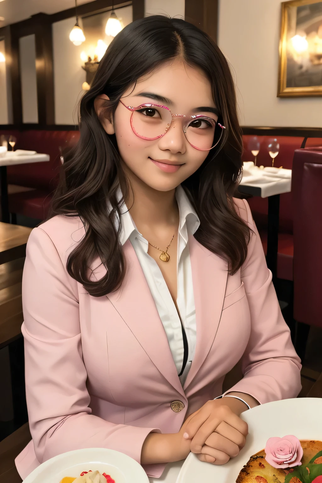 ((best quality)), ((masterpiece)), (detailed), perfect face Detailed face of half body photo. 16 year old Indonesian girl with a sweet chubby face, big round face and long brown wavy hair, pink rose blazer with white shirt inner, round glasses, sitting in luxury France restauran for dinner
