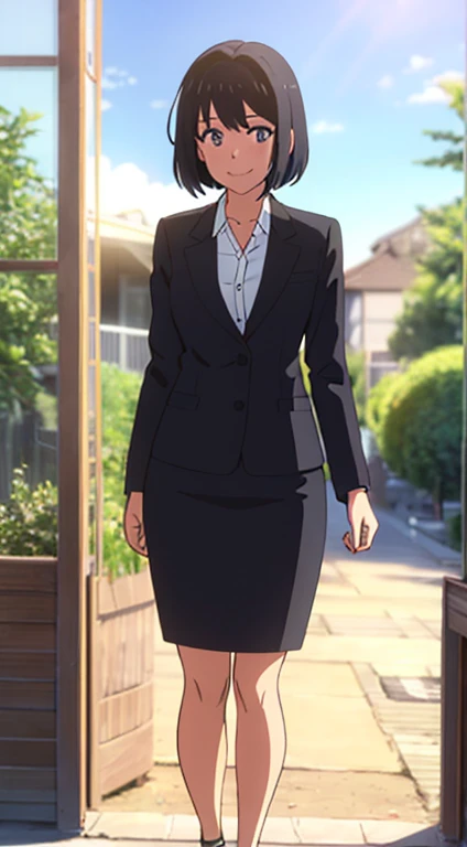 shinkai makoto, kimi no na wa., 1girl, bangs, black hair, blush, dark purple eyes, sky, cloud, looking at the viewer, outdoors, short hair, smile, solo, suit, office lady, black skirt, black blazer, pencil skirt, white shirt, collared shirt, brown pantyhose, teenager,