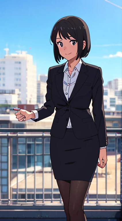 shinkai makoto, kimi no na wa., 1girl, bangs, black hair, blush, dark purple eyes, sky, cloud, looking at the viewer, outdoors, short hair, smile, solo, ​suit, office lady, black skirt, black blazer, pencil skirt, white shirt, collared shirt, brown pantyhose, teenager,