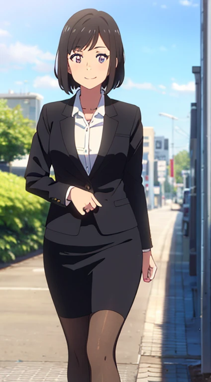 shinkai makoto, kimi no na wa., 1girl, bangs, black hair, blush, dark purple eyes, sky, cloud, looking at the viewer, outdoors, short hair, smile, solo, ​suit, office lady, black skirt, black blazer, pencil skirt, white shirt, collared shirt, brown pantyhose, teenager,