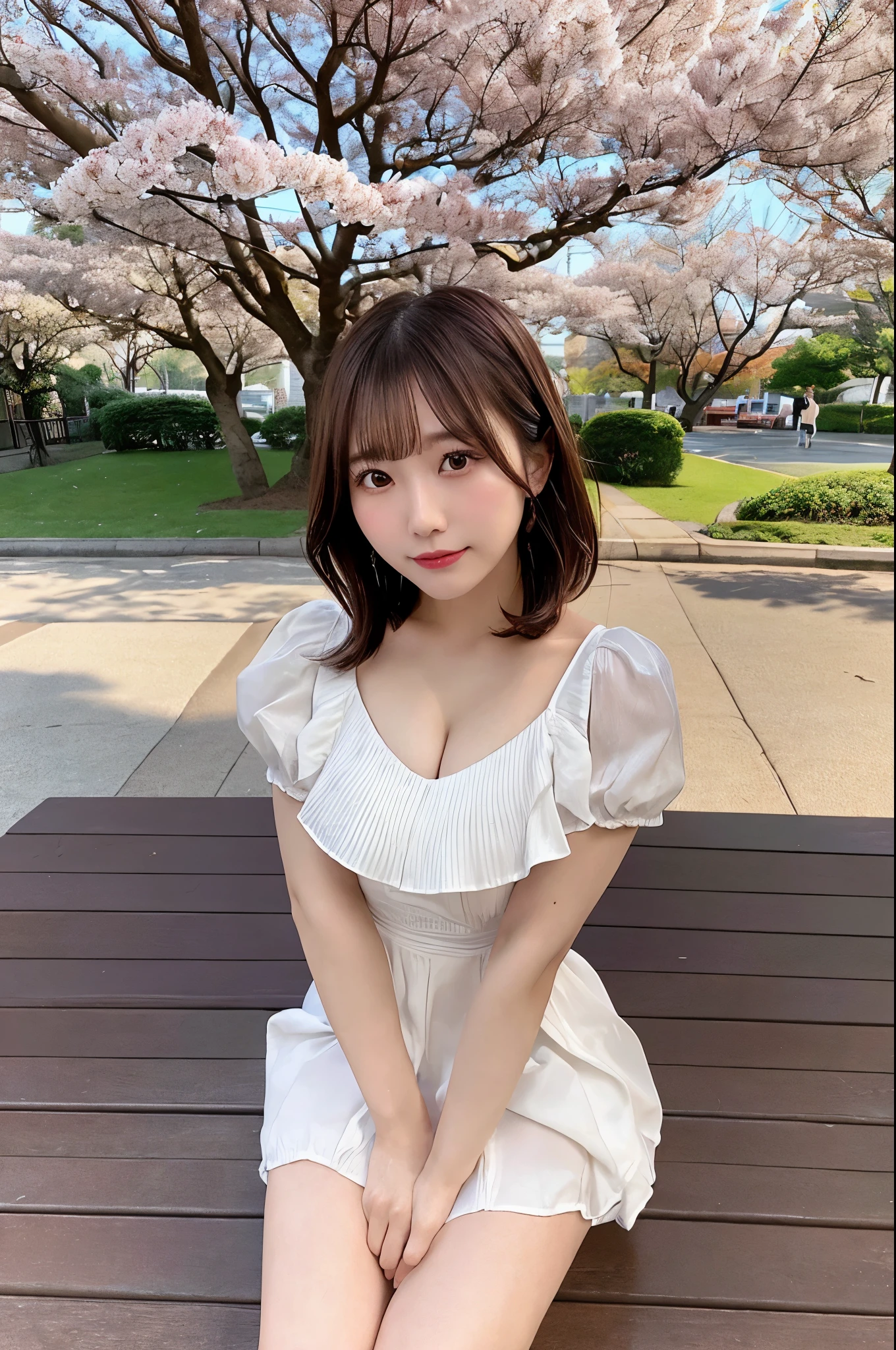 Highest image quality、4K、8K、best quality、perfect and dynamic composition、Sitting on a bench in a park with cherry blossoms in full bloom(woman、big breasts、G cup、beautiful chest、20-year-old、Japanese、white skin、Brown Short Bob Hair、Wearing a neat dress、I'm embarrassed)