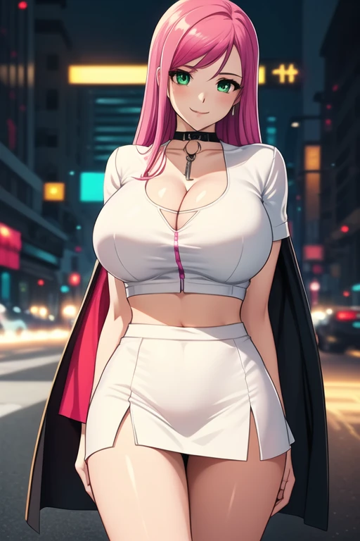 1 girl, 19 years old, Long pink hair, green eyes with slit pupils, master-piece, best quality, (standing up), (white buttoned crop blouse), (puff sleeve white crop blouse, black pencil mini skirt, cleavage),  (Big , ultra gigantic , Super super big, Glamorous body), Make eye contact with the camera, front figure, looking forward, (light_Smile:1.5), (Detailed hands and fingers:1.2) (Cyberpunk City), (FULL BODYSHOT), thighs thighs thighs thighs、beauty legs、Bare legs