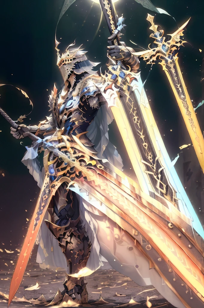 (obra de arte, maximum quality, Melhor qualidade, arte oficial, Beautiful and Aesthetic:1.2),(8k, Melhor qualidade, obra de arte:1.2),CGDivineSwordsw, arma, armaduras, Sozinho, containment, chifres, brilhante, espada, 1 menino, containment arma, plantado, foco masculino, brilhante arma, standing, capacete, manoplas, containment espada, brilhante espada, plantado espada, shoulder armaduras, gradiente, gradiente background, torresmos, bengalas, (brilho azul:1.3),