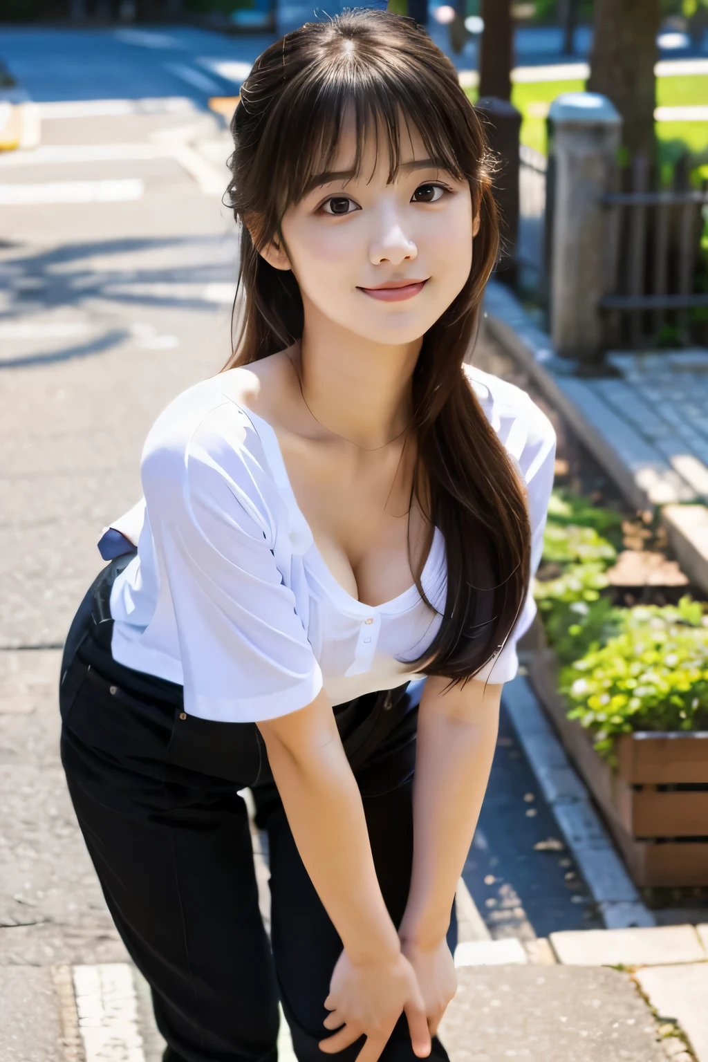 highest quality, masterpiece, ultra high resolution, (realistic:1.4), Raw photo, 15 year old girl, ((leaning forward):1.3), ((from the front)), (white t-shirt:1.2), (Very cute face like the most popular Japanese idol, very childish face, ((very beautiful big black eyes)), very beautiful hair, very beautiful skin, very beautiful long eyelashes, very beautiful lips, very beautiful cleavage, innocent smile, dynamic pose, Well-balanced body size、(full body shot:1.5)