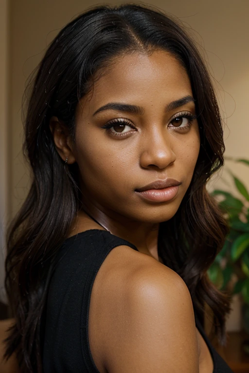 a very exotic and attractive african american female with hazel eyes 25 years old extremely realistic after work
