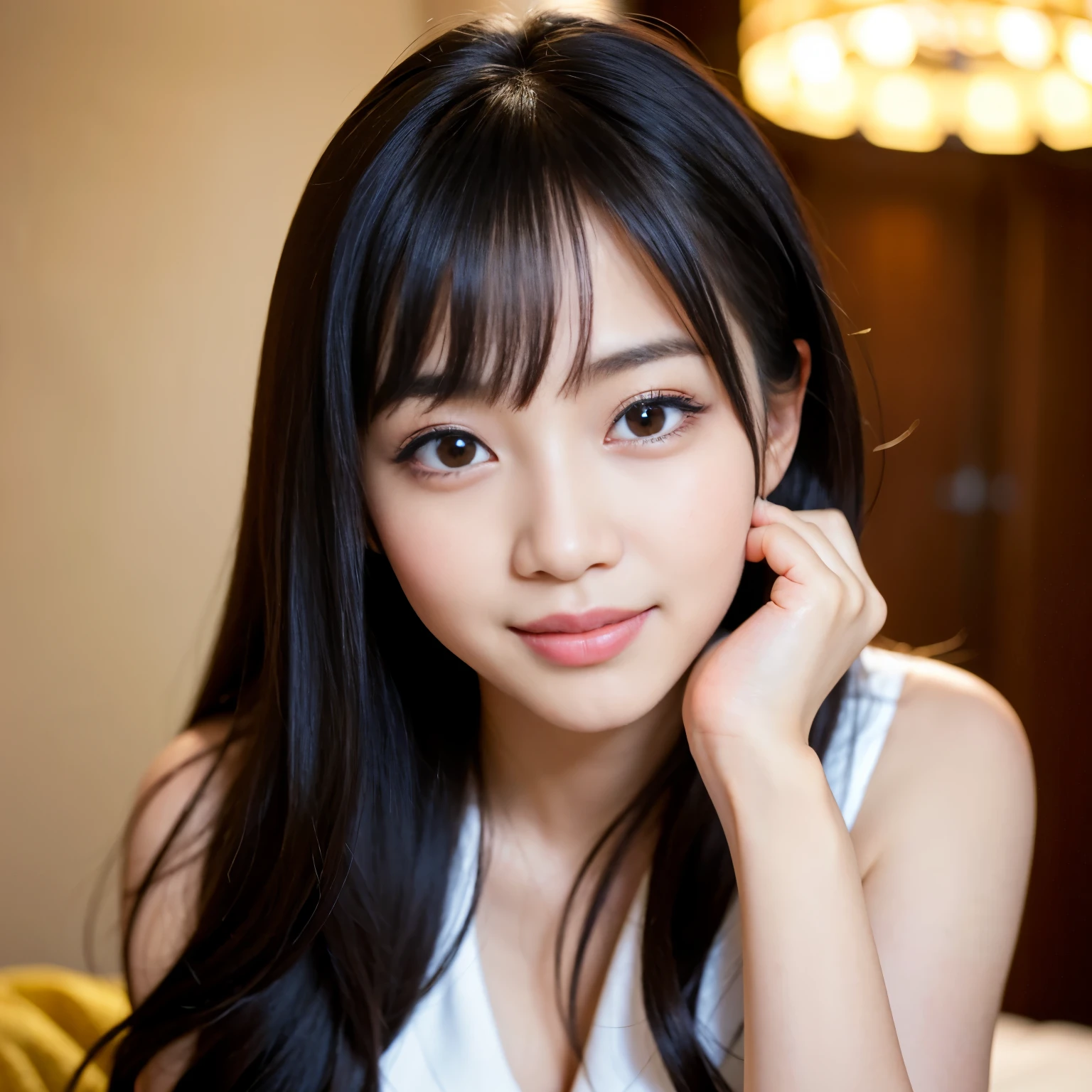 Best-quality, Masterpiece, Ultra-High-Resolution, (Photorealistic:1.4), Raw-Photo, at luxury hotel-room, 1girl, the most famous Japanese idol, looking at viewer, extremely cute face, ((extremely beautiful big-black-eyes)), extremely beautiful black-hair, extremely beautiful skins, extremely beautiful long-eyelashes, extremely beautiful lips, innocent-smile