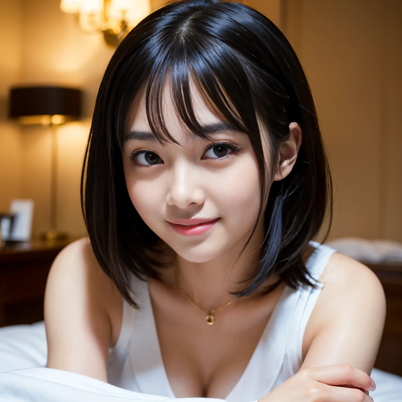 Best-quality, Masterpiece, Ultra-High-Resolution, (Photorealistic:1.4), Raw-Photo, at luxury hotel-room, 1girl, the most famous Japanese idol, looking at viewer, extremely cute face, ((extremely beautiful big-black-eyes)), extremely beautiful black-hair, extremely beautiful skins, extremely beautiful long-eyelashes, extremely beautiful lips, innocent-smile