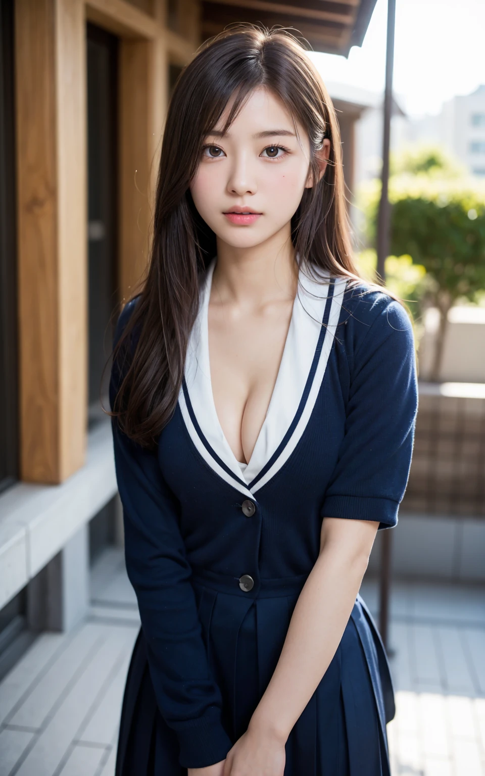 （8k、live-action、Raw photo、highest quality、masterpiece：1.2),(outdoors),((perfect lighting)),(濡れたhair),looking at the viewer,Looking at the front,Raise your arms pose, back,strong,erotic,18-year-old,student,white skin,knees,absurd,small face,前hairを真ん中から分けます、I can see the forehead,(please be shy,tight eyes,glare,strong,skinny,skinny,get annoyed)、masterpiece,highest quality、超A high resolution,one person, solo,close up shot、cute、Return to student,(japanese school uniform:1.3),high school girl,japanese woman,standing,（フォトreal：1.37）、photon mapping,realistic、cutesmall face,brown eyes、prospect、Depth of the bounds written、blurred background、real,(前hairが見える), hair, kneesが見える, thigh,(Nogizaka Idol), actress、natural breasts、cleavage、Super fine、low person、(Skin with visible pores:1.2)、(focus on face)、7 head and body、Check and correct the skeleton