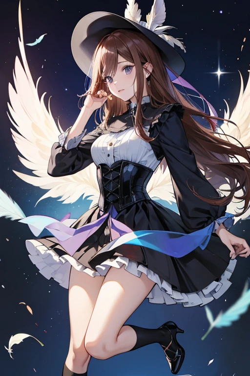 {{masterpiece}},{{best quality}}, {{ultra-detailed}},{{illustration}}, nakano miku(go-toubun no hanayome), brown hair, medium hair, long sideburns, hair between eyes, purple near black eyes, {{mini hat}}, blue dress with miniskirt, frilled skirt, Black corset, Translucent long skirt from under the dress, blue kneehighs, high heels, wings, black feathers on the back,