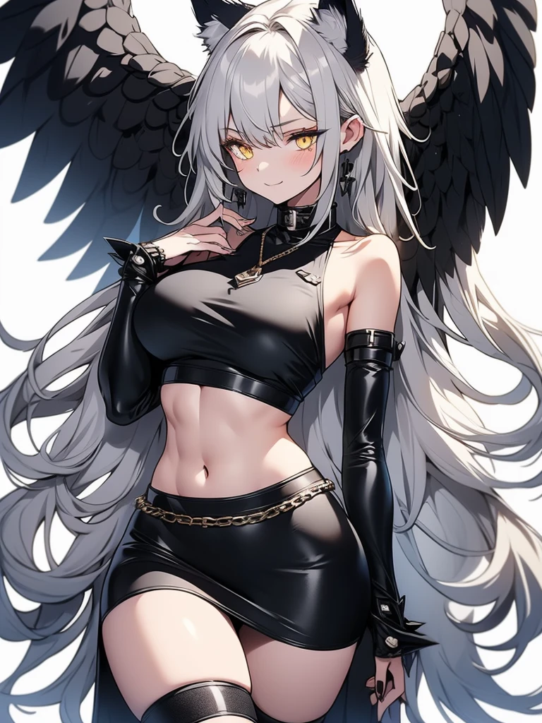 8K, Full body portrait, tall girl, single beautiful young woman, especially detailed face, masterpiece, wallpaper, highlydetailed face, ultra-detailed face, beautiful and aesthetic wolf tailed girl, athletic body, pale white skin, big breasts, curvy, busty, big ass, long hair, gray-silver hair, a young cute wolf ypung woman, wolf ears, cute wolf tail, long wolf tail, fluffy wolf tail, wolf-like irises, beautiful, enchanting, bright yellow eyes, detailed eyes, ultra-detailed eyes, accurate eyes, detailed irises, correct body proportions, elegant, small vertical scar under right eye, small rosy lips, big breasts, slender elegant arms, pretty hands, detailed hands, charming, slight blush, shy smile, black edgpshorts with stylish metal chains and a black top, detached sleeves, light black armor, armored long bike shorts and skirt on top of them, two piece outfit, black armored fur cloack, black metal armor, silver metallic ornaments, bare off shoulders, toned abs, exposed belly, standing pose, cute pose, black thighigh on left leg, sole girl