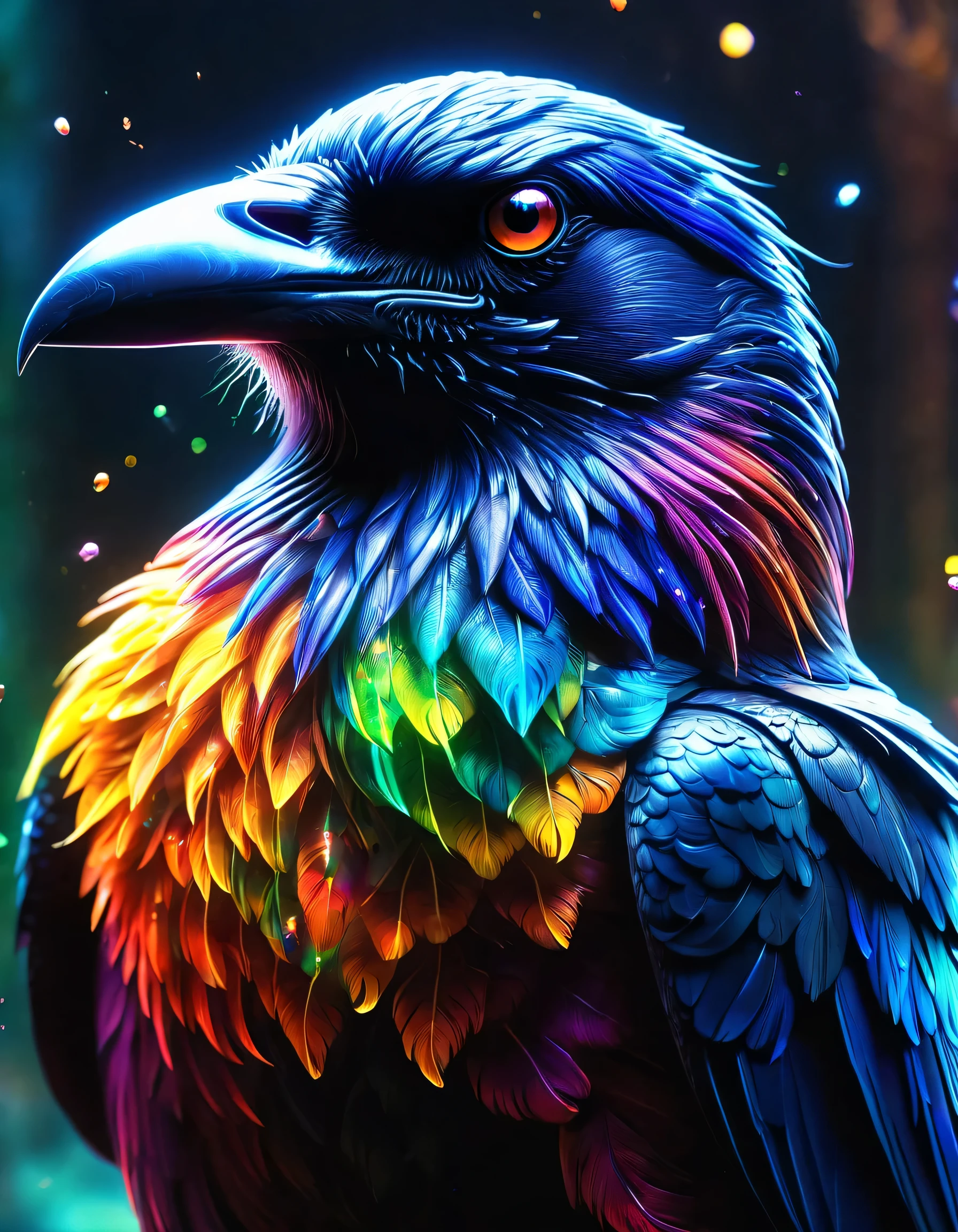 Close-up shot of a crow,masterpiece,best masterpiece,highest quality,rendering,rich colors,cast colorful spells,dream-like,Detailed details,In detail,,bright colors,beautiful light and shadow,magic,dream-like,Inspiration,beautiful,rendering,colorful,wonderful,particles of light,get used to it,masterpiece,best masterpiece,Art work using light,Artistic,get used to it,