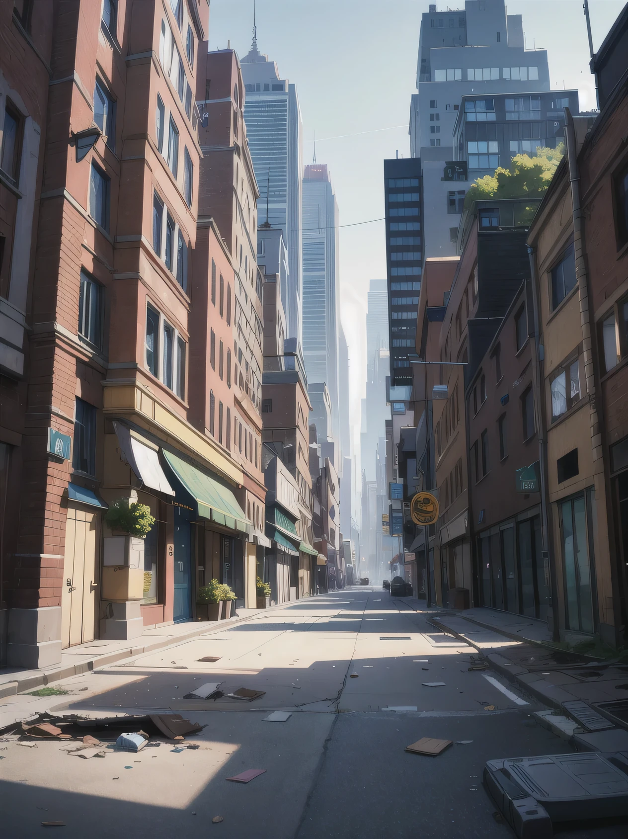 city street illustration during the day, abandoned, Broken windows,