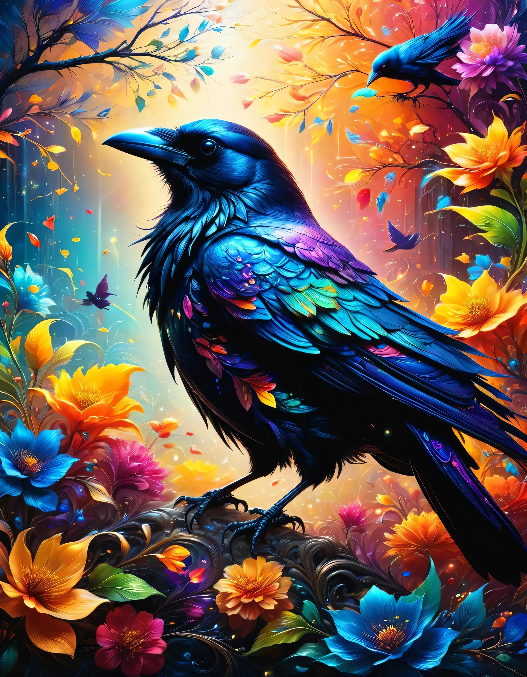 Close-up shot of a crow,masterpiece,best masterpiece,highest quality,rendering,rich colors,cast colorful spells,dream-like,Detailed details,In detail,,bright colors,beautiful light and shadow,magic,dream-like,Inspiration,beautiful,rendering,colorful,wonderful,particles of light,get used to it,masterpiece,best masterpiece,Art work using light,Artistic,get used to it,