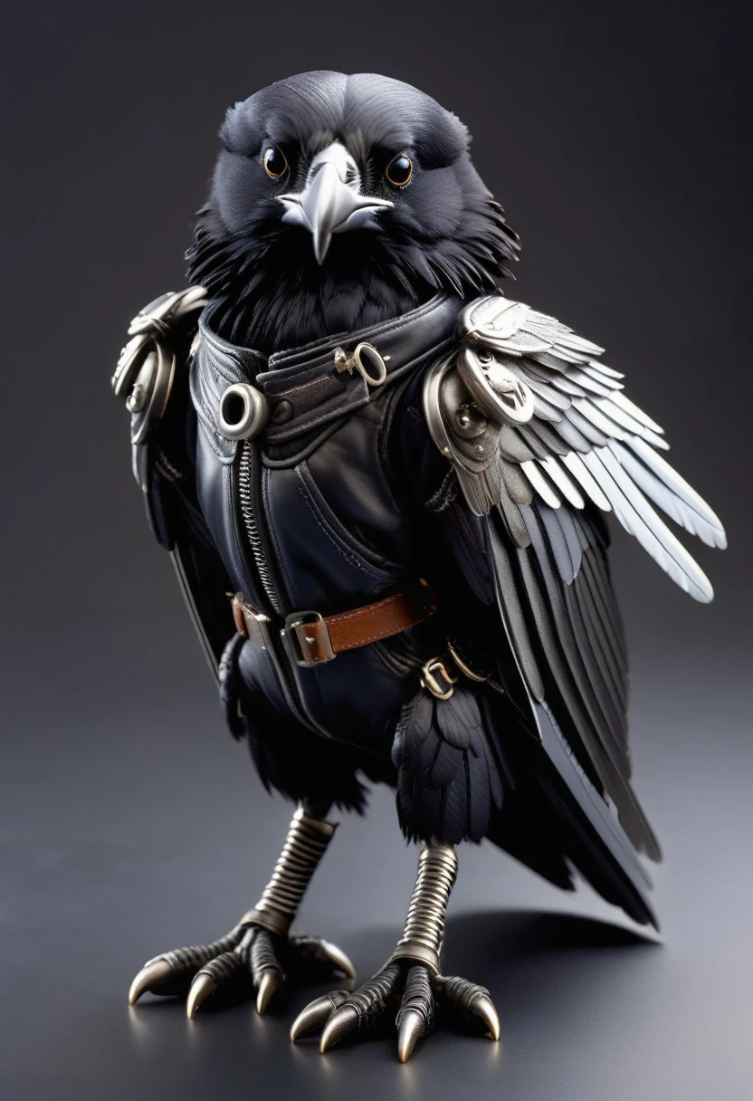 Realistic portraits of animals wearing clothes, Raven Pilot, whole body，stand，(Metal paws:1.5)，(metal wings:1.5)，high quality, Very detailed, studio lighting, 