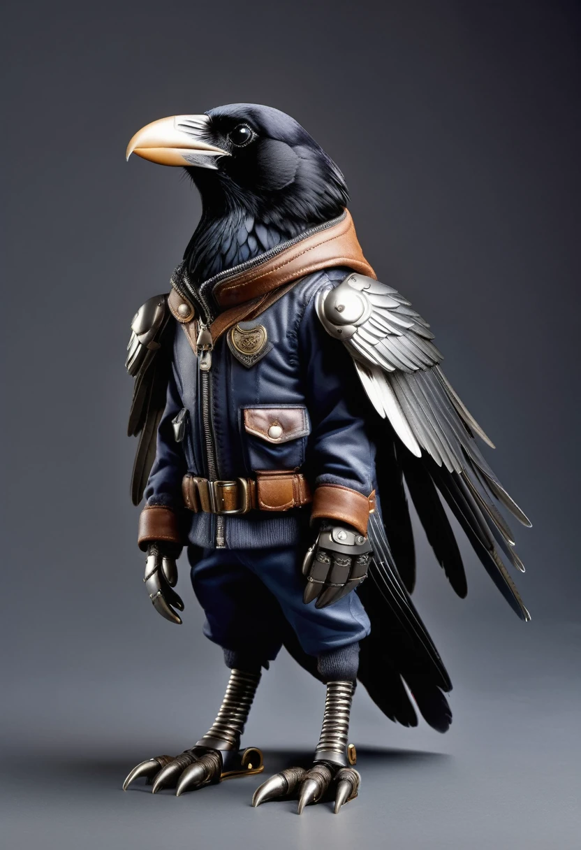 Realistic portraits of animals wearing clothes, Raven Pilot, whole body，stand，(Metal paws:1.5)，(metal wings:1.5)，high quality, Very detailed, studio lighting, 