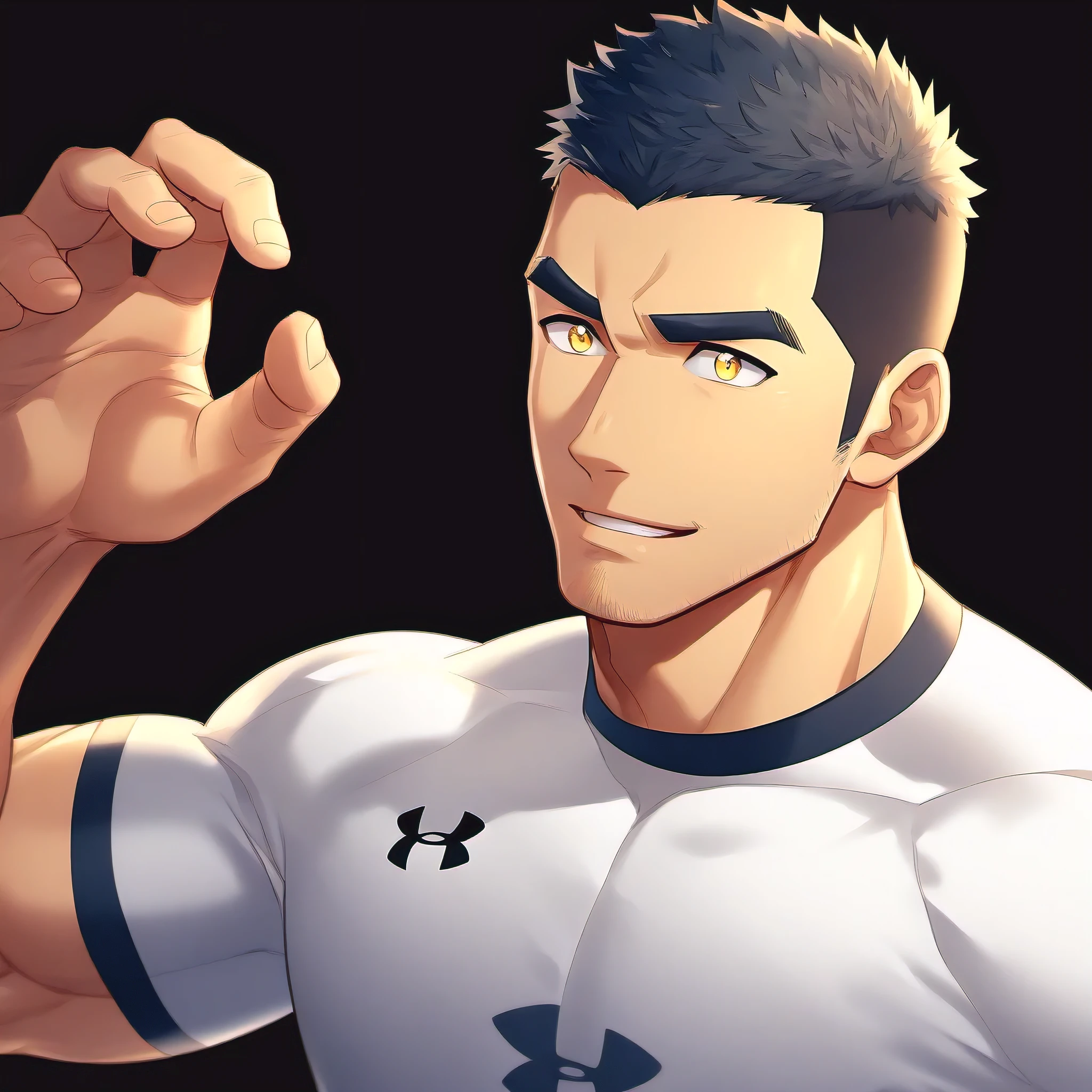 anime characters:Gyee, Fitness coach, 1 muscular tough guy, Manliness, male focus, Under Armour brand sports tight T-shirt, Slightly transparent, muscular male, muscular, only, Upper body, alone, Black short hair, Thick eyebrows, stubble, Yellow eyes, Black background, simple background, amazing quality, best aesthetics, Ridiculous, bright pupils, crew cut, parted lips, embarrassed, forced smile, drop shadow, best quality