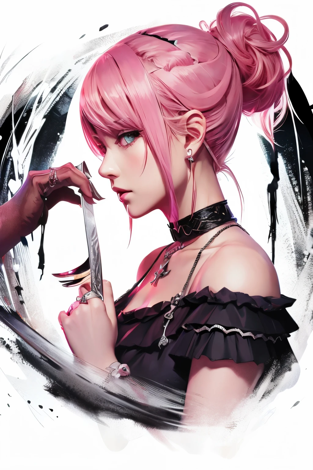 8k,4k,high resolution,high quality,Illust,girl,pierce,choker,Silver Ring,Knife 1.2,MONSTER HUNTER,pinkhair,ponytail,Japanese,Chubby,Plump,tall,High definition,Superdetail,It's in focus,