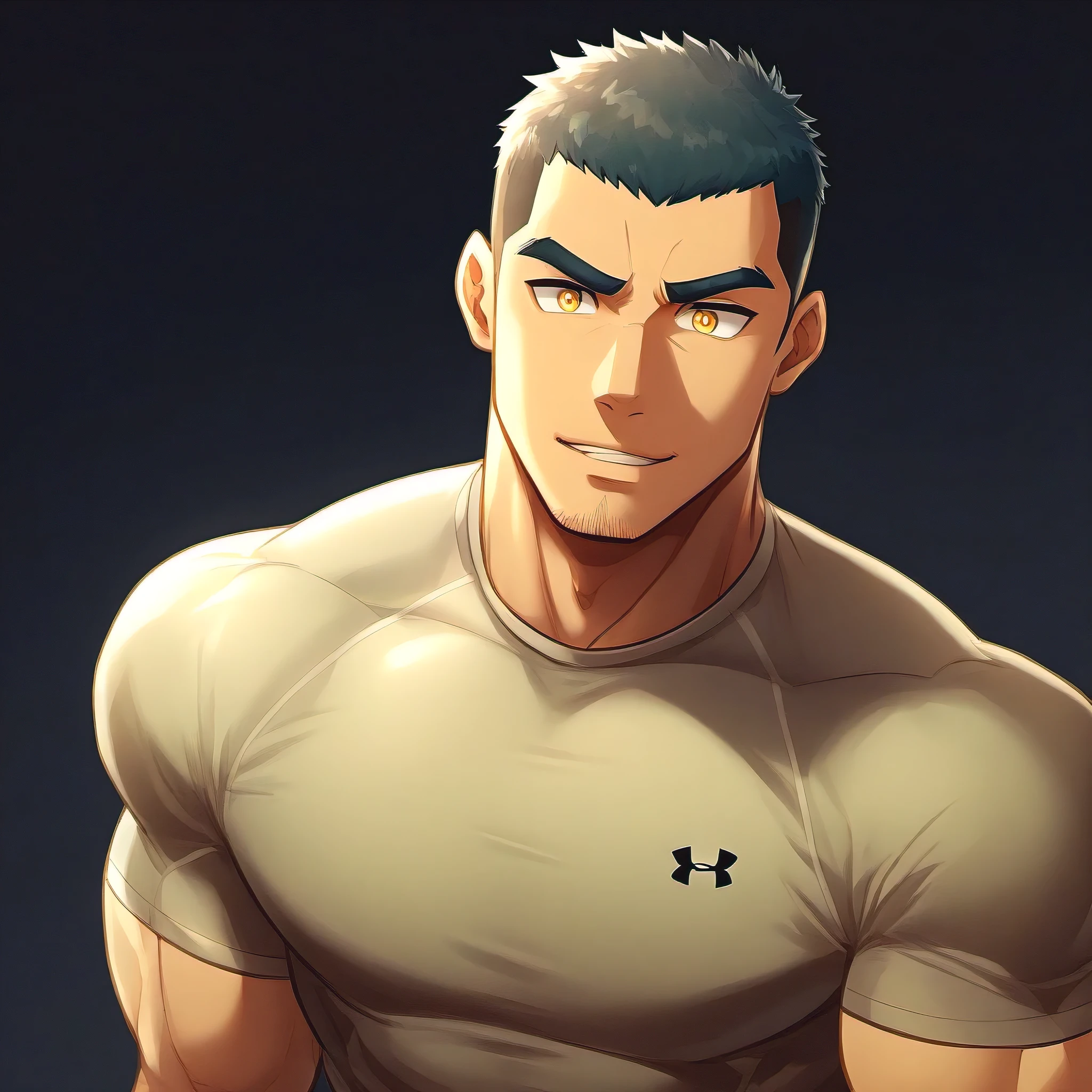 anime characters:Gyee, Fitness coach, 1 muscular tough guy, Manliness, male focus, Under Armour brand sports tight T-shirt, Slightly transparent, muscular male, muscular, only, Upper body, alone, Black short hair, Thick eyebrows, stubble, Yellow eyes, Black background, simple background, amazing quality, best aesthetics, Ridiculous, bright pupils, crew cut, parted lips, embarrassed, forced smile, drop shadow, best quality