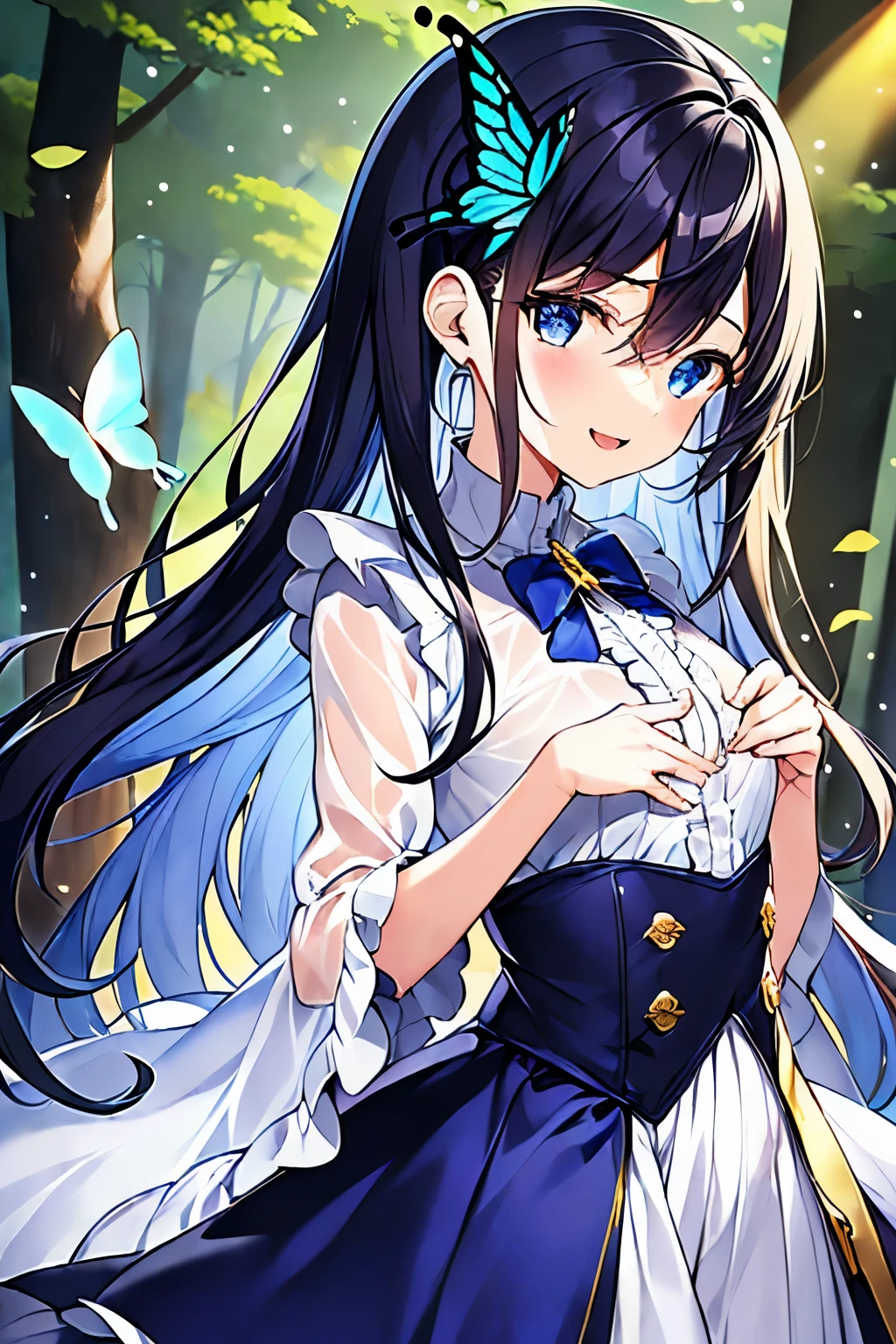 (((masterpiece))), (((highest quality))), (((ウルトラ - High resolution))), (((High resolution))), (((super technique illustration))), (dark blue hair), (from below:1.4), (1 girl), (girl:1.5), (child:1.4), (fold your hands in front of your chest:1.3), (very long dark blue sideburns), very cute, Moe anime style, (cowboy shot:1.2), (Extra Ultra Flat Chest:1.5), (very small breasts:1.5), (Extra Ultra Flat Chest:1.1), (very small breasts:1.2), (Dark blue straight long hair:1.3), (Simple hair clip:1.2), (Super long and thick sideburns of dark blue color:1.4), (laughter:1.3), (Dark blue ultra wide bangs:1.3), (Simple hair clip:1.2), (small blue eyes:1.2), (slightly droopy eyes:1.3), (Super thick sideburns and super long sideburns:1.1), (Super long and thick sideburns:1.1), (Extra Ultra Flat Chest:1.4), (very small breasts:1.4), (Ahoge:1.3), (very cuteポーズ:1.4), (cowboy shot:1.5), (laughing:1.4), (in the forest:1.3), (A beautiful white forest fairy costume with long sleeves:1.5), (frills and ribbons:1.4)
